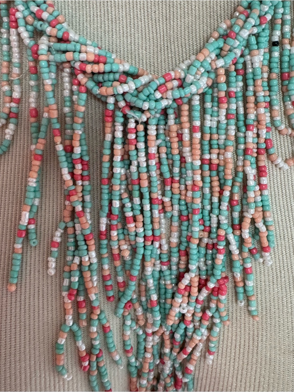 Handmade Multi-Strand Beaded Fringe Necklace in Turquoise, Coral & White